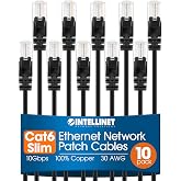Intellinet Cat6 Slim UTP Ethernet Patch Cable 10-Pack, 3 ft, Black | 10G 250 MHz pure copper thin cord with 30 AWG stranded wire, gold contacts, snag-free boot, PoE and rack use, resealable bag