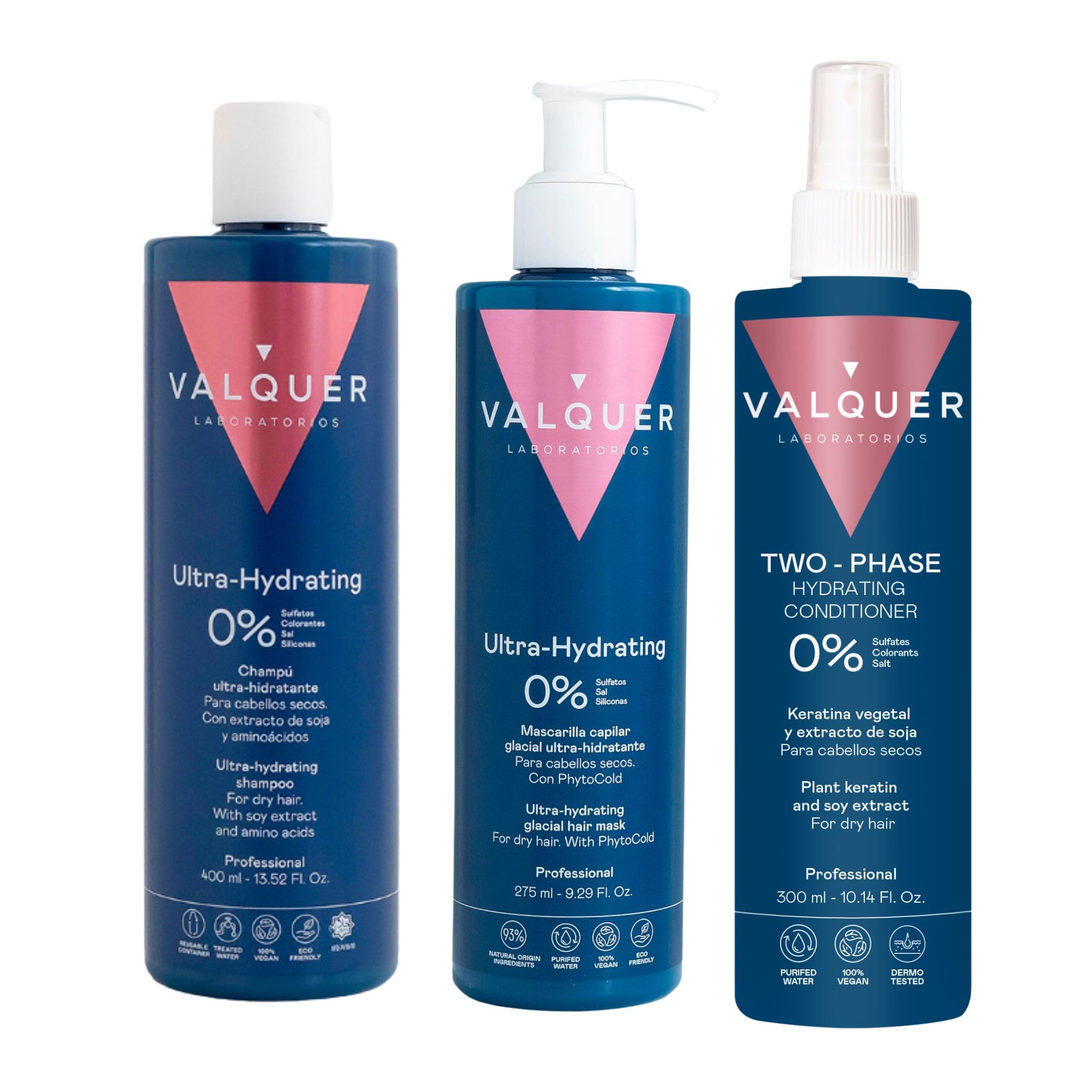 Valquer Professional Hair Pack for dry hair & hydration: Zero% Shampoo 400ml + Ice Effect Mask 100ml + Biphasic Conditioner 100ml (3 units)