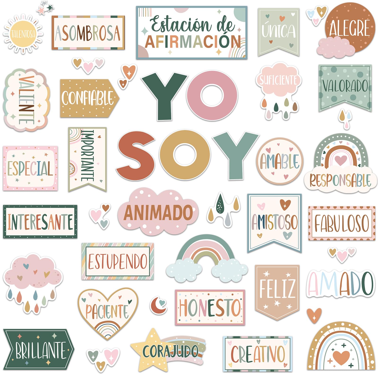 Photo 1 of Gersoniel 44 Pcs Affirmation Station Spanish Bulletin Board Set Motivational Posters Classroom Mirror Growth Mindset Decor Positive Affirmations Accents Cutouts for School Office Teacher(Boho)