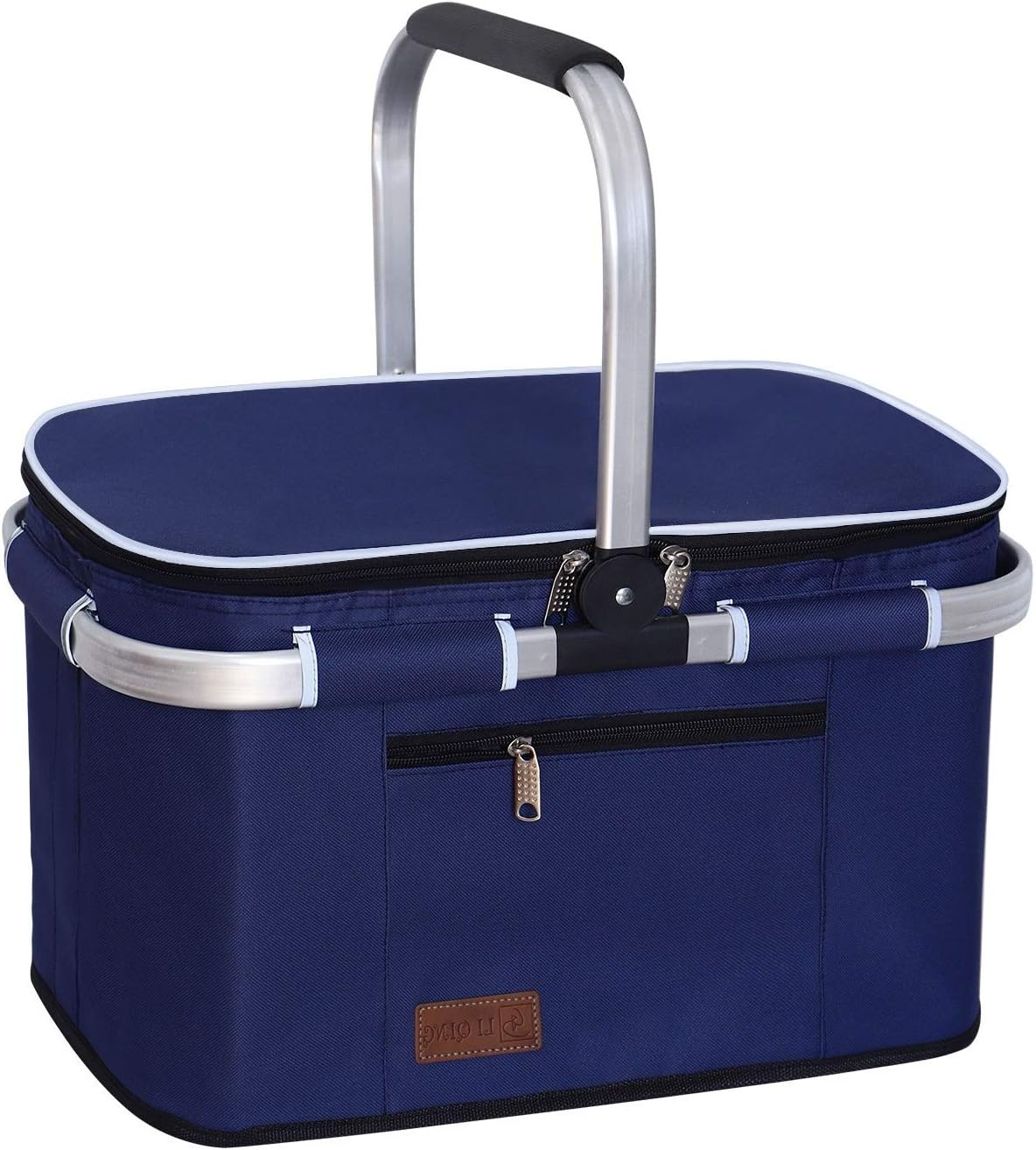 LIQING 35L Large Picnic Basket, Shopping, Travel, Camping Grocery Bags, 2 Layers of Internal Pockets Leak-Proof and Insulated, Folding, Internal Support Does Not Collapse (Blue): Kitchen & Dining