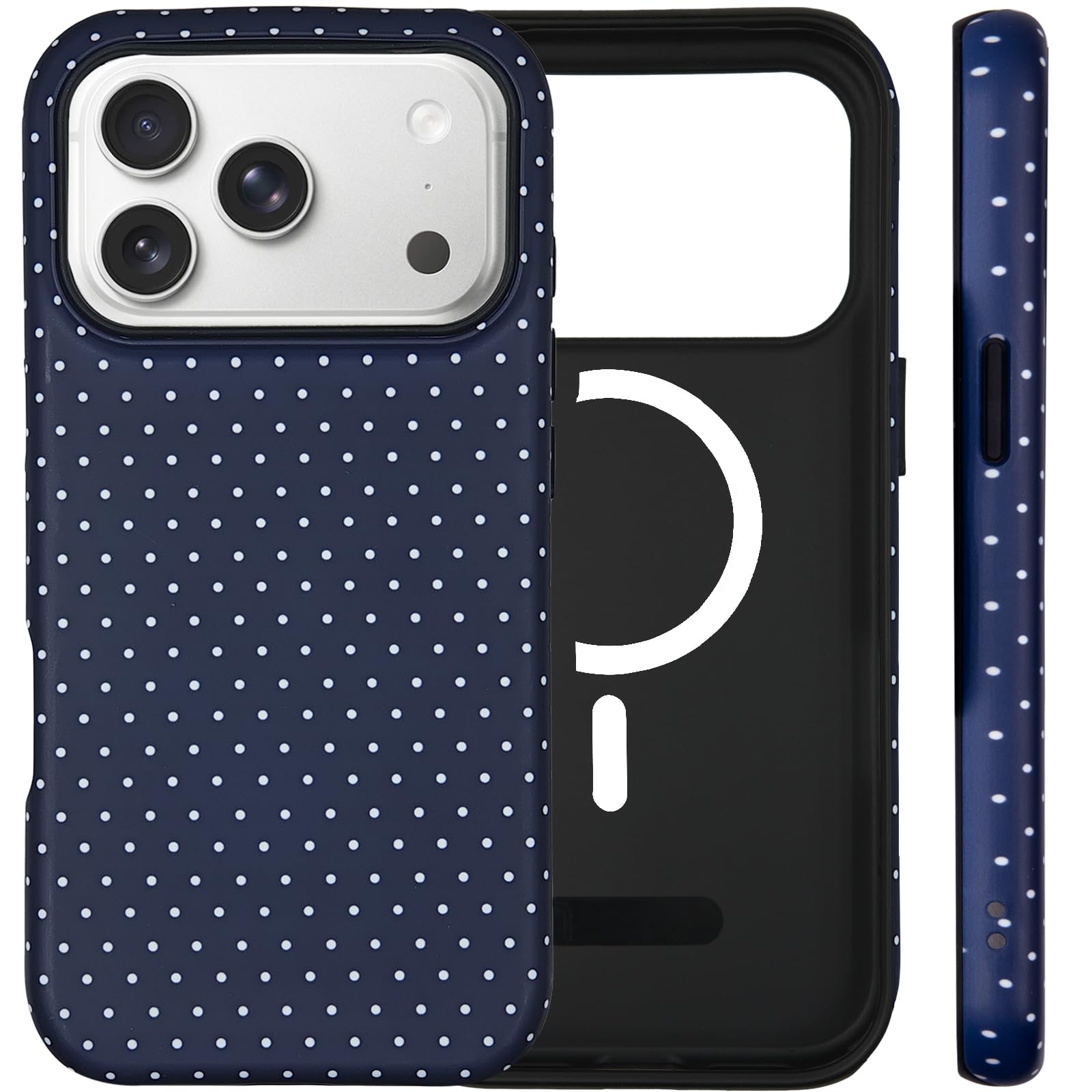 SenRiCase for iPhone 17 Pro Case Cute Polka Dot Phone Case Compatible with MagSafe, Dual-Layer Shock Protection (Hard PC + Silicone) - Aesthetic Protective Phone Cover for Women Girls, Navy
