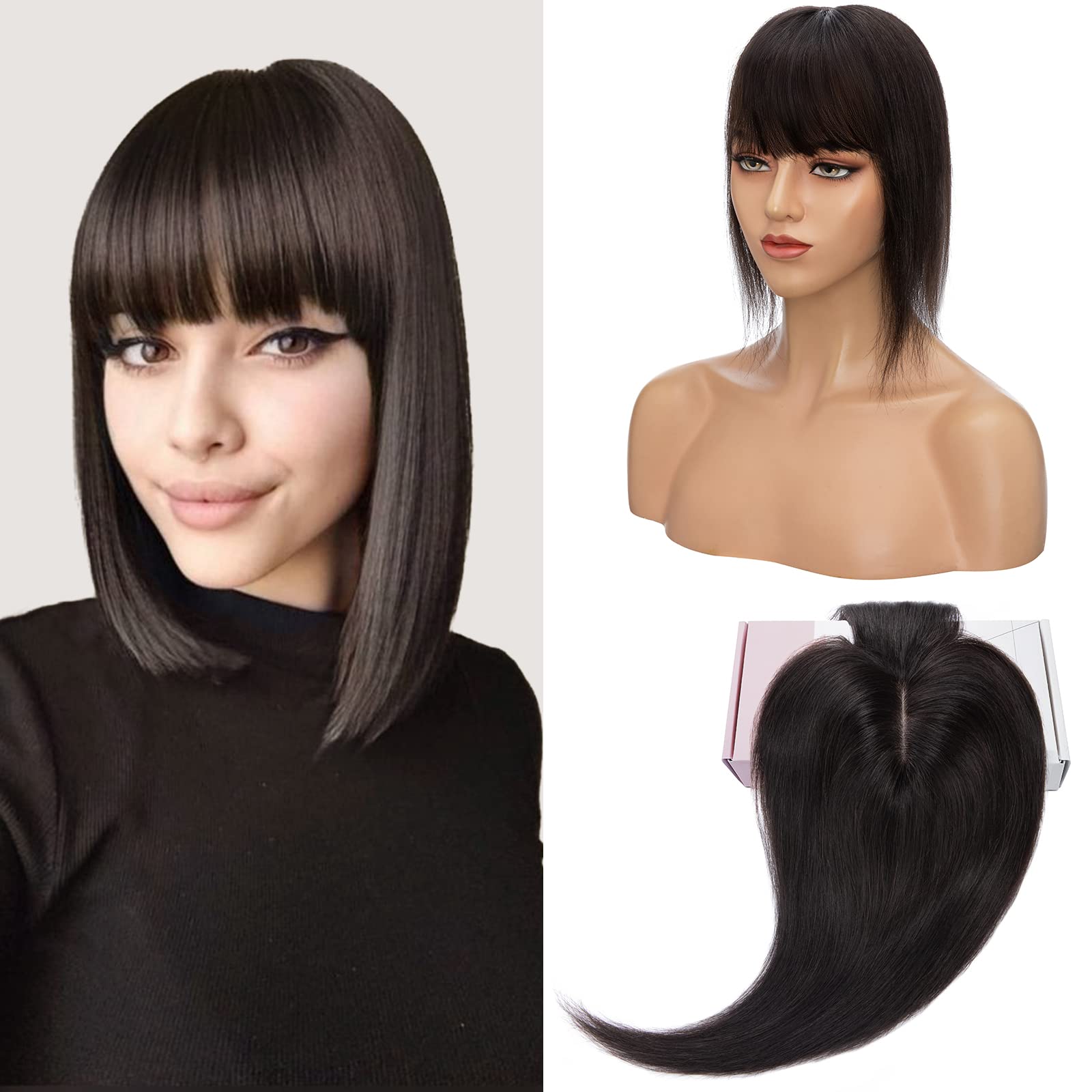 S-noilite Human Hair Toppers With Bang for Thinning Hair Women Real Hair Topper Clip In Hair Extensions 100% Remy Real Human Hair 30g（#1B-1,Light Natural Black, 8 Inch) — image 1
