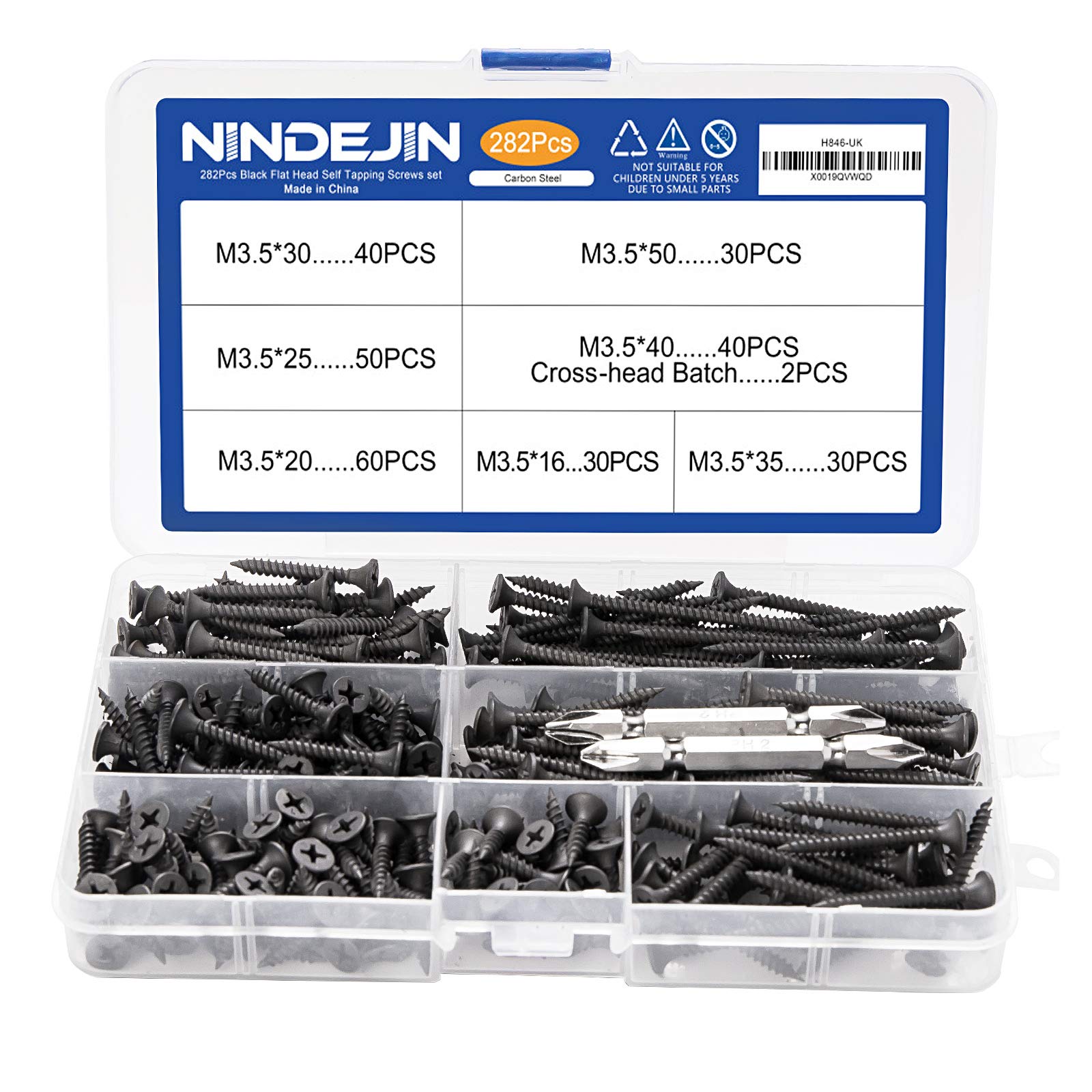 NINDEJIN 282pcs Flat Head Self Tapping Screws Set, M3.5 Wood Screws with Cross Recessed Assortment Kit, Carbon Steel Philips Screws