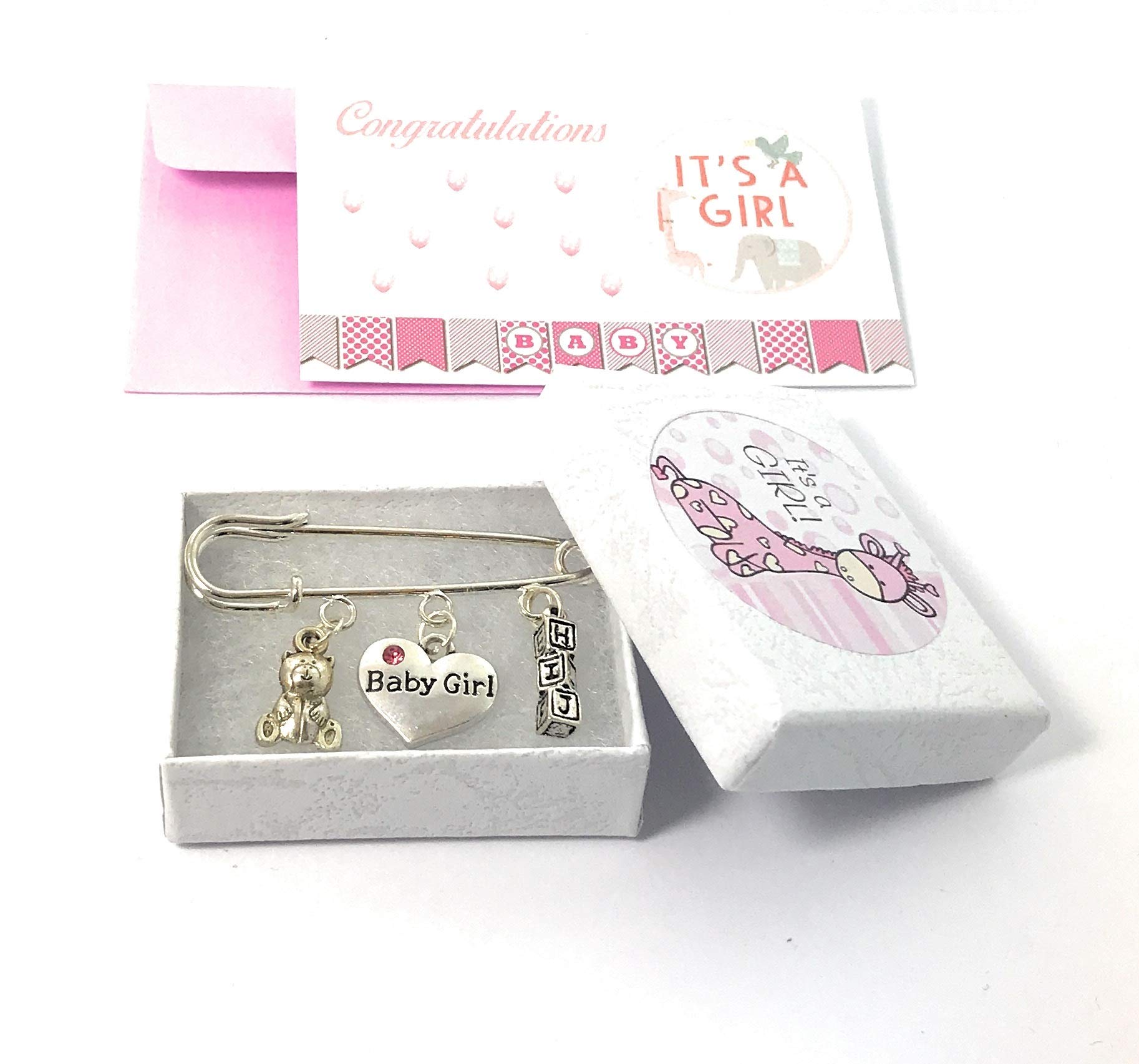 Baby Girl Nappy Pins Baby Brooch Keepsake Charms with Gift Box and Gift Card - Teddy Bear and Letter Block