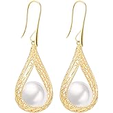 14MM Big Pearl Dangle Earrings for Women 14K Glod Plated Jewelry