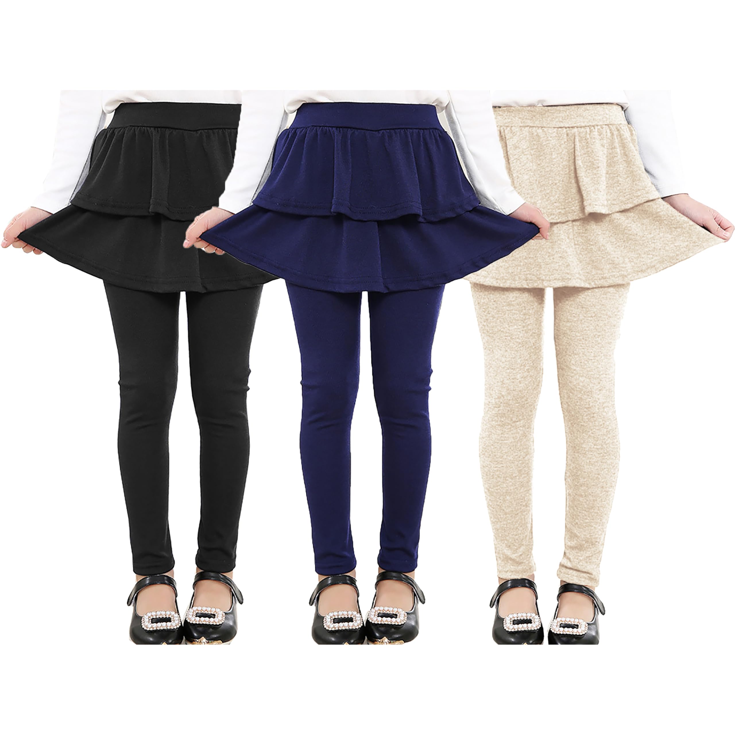 RieKet Girls School Uniform Pants Warm Stretchy Athletic Leggings with Skirt 2-14 Years Navy Blue Khaki Black 3 Pack 2-3T Image