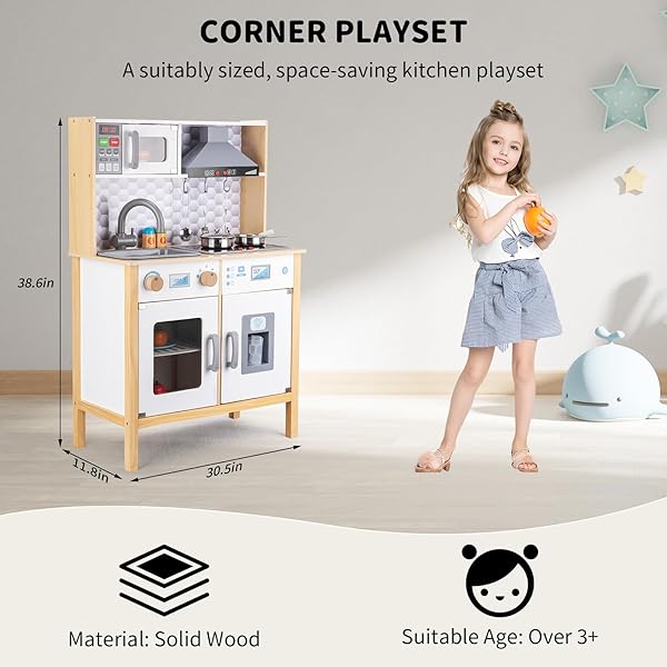 WOODEN PLAY KITCHEN FOR KIDS – PRETEND PLAY KITCHEN SET WITH COOKING ACCESSORIES, REAL LIGHTS & SOUNDS | CHEF PRETEND KITCHEN PLAYSET FOR TODDLERS, WOODEN KITCHEN SET WITH 6 PCS TOY FOOD