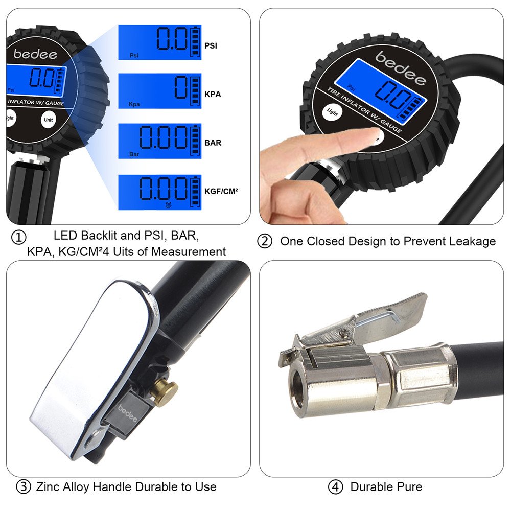 bedee Manómetro Digital Medidor de Presión de Neumáticos, Medidor Digital de Ruedas Llantas 200 PSI Alta Preciso con Pantalla LCD, para Coche Motocicletas Automóviles