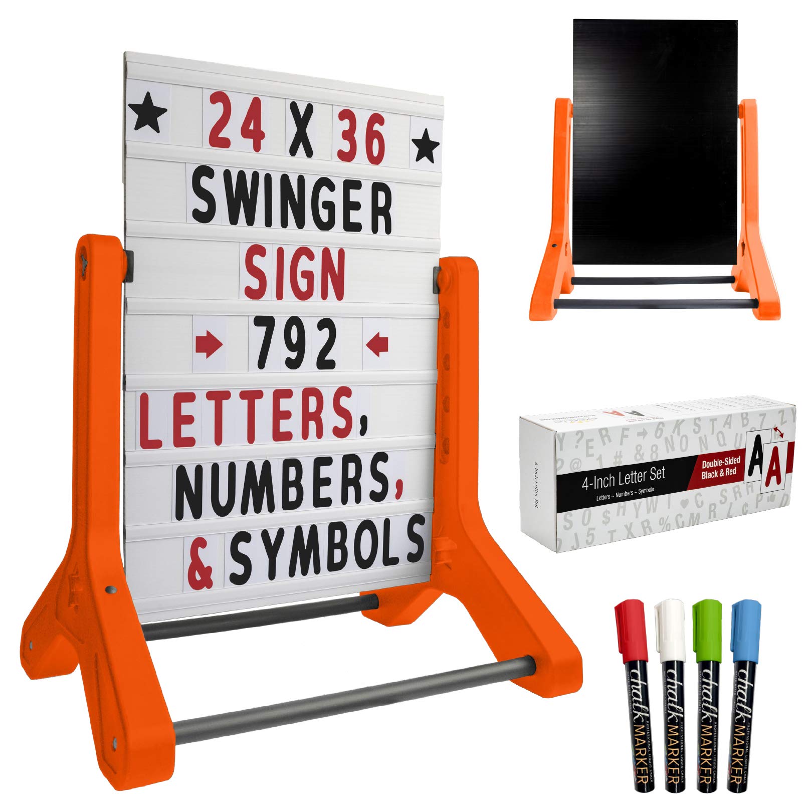 Swinging Changeable Message Sidewalk Sign: 24" x 36" Sign with 792 Pre-Cut Double Sided Letters and Storage Box. Includes Black Board & Letter Board (Orange Color Legs) Image Swinging Changeable Message Sidewalk Sign: 24" x 36" Sign with 792 Pre-Cut Double Sided Letters and Storage Box. Includes Black Board & Letter Board (Orange Color Legs) Image