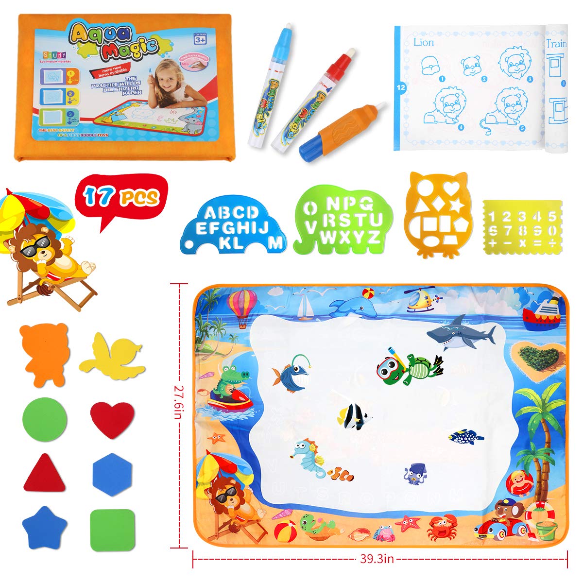 Hommate Water Doodle Mats Drawing Mat Multicolor Large Size 39.3 x 27.6 Inch Sea World Educational Learning Birthday Toys Gifts for 2 3 4 Years Old Girls Boys Tolddlers Kids