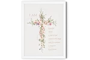 TwoDays Baptism Gifts for Girl, Floral Bible Verse Cross Christening Wall Art for Kids Christian Confirmation Keepsake, First Communion Party Decor for Boys (8" X 10", White Framed)