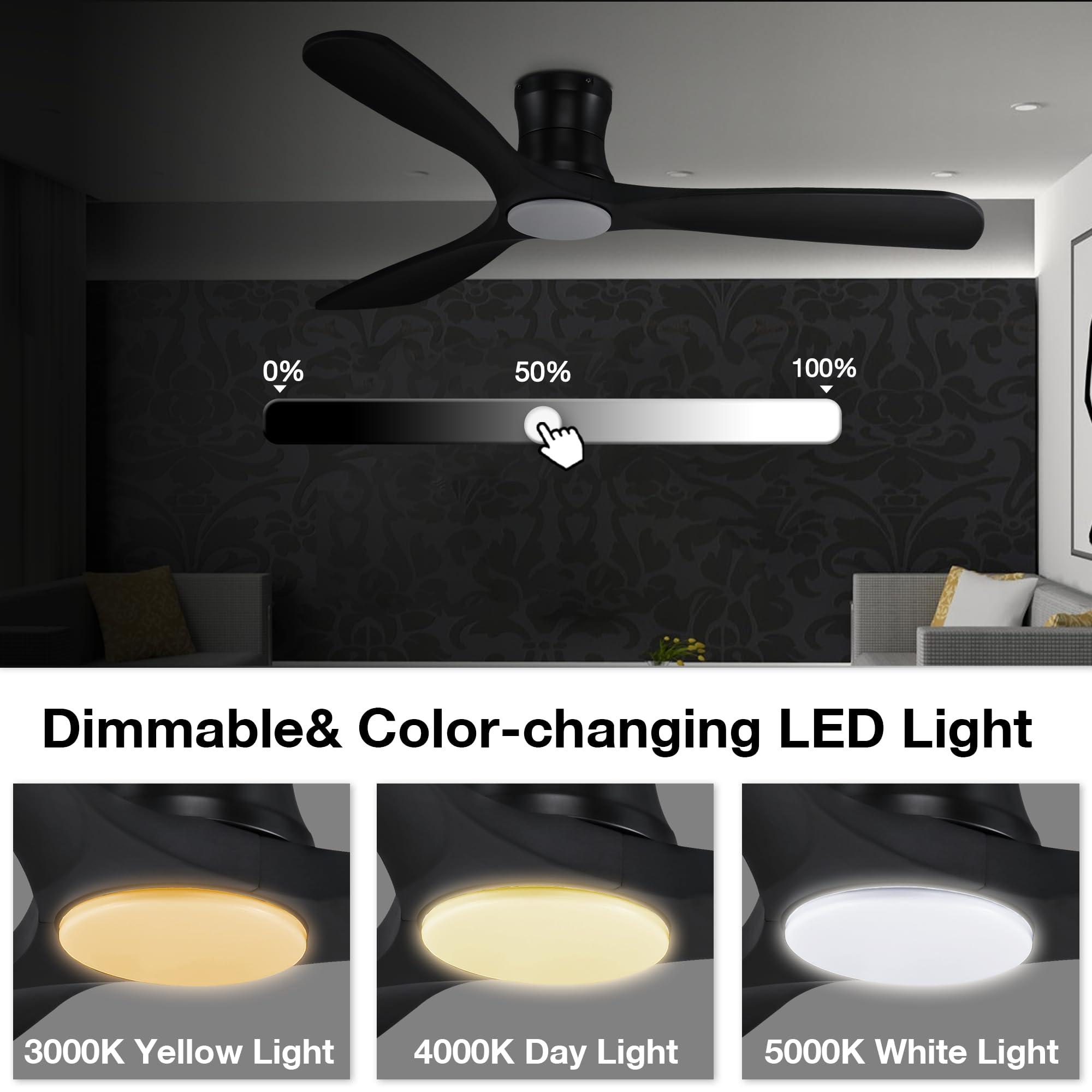 Hoenofly 52” Smart Wood Low Profile Ceiling Fan with Lights Remote,Quiet DC Motor,Outdoor Indoor Flush Mount Ceiling Fans Controlled by WIFI Alexa App,Modern Black for Bedroom Living Room Patio Porch