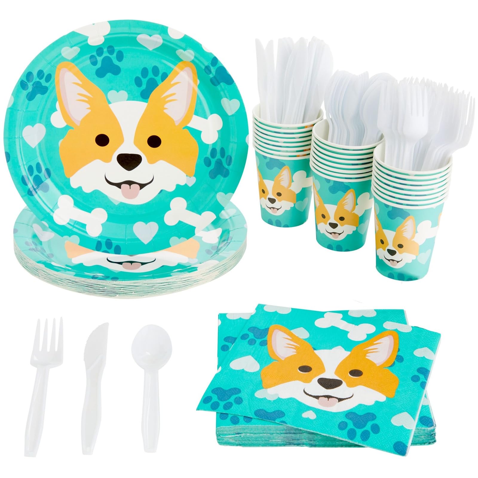 Photo 1 of 144 Piece Corgi Party Supplies, Dog Birthday Decorations with Paper Plates, Napkins, Cups, and Cutlery (Serves 24)