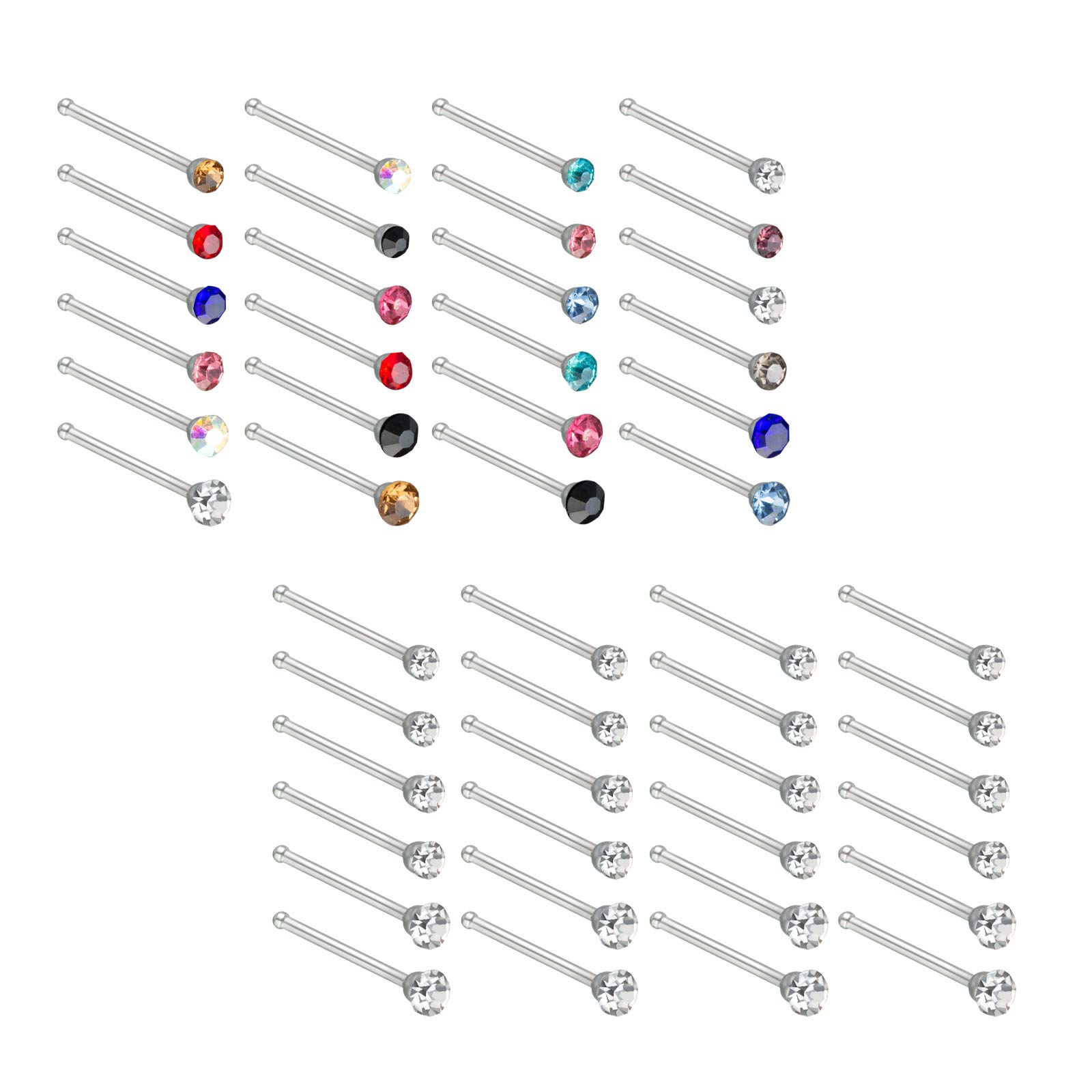 BigTree 60 Pack Nose Studs Stainless Steel Screw 20G Nose Rings Zirconia Piercing Pin Crystal Nose Bars Straight Body Jewelry Nose Bone Ball End Multicolor Gife Package for Women Mother Girls