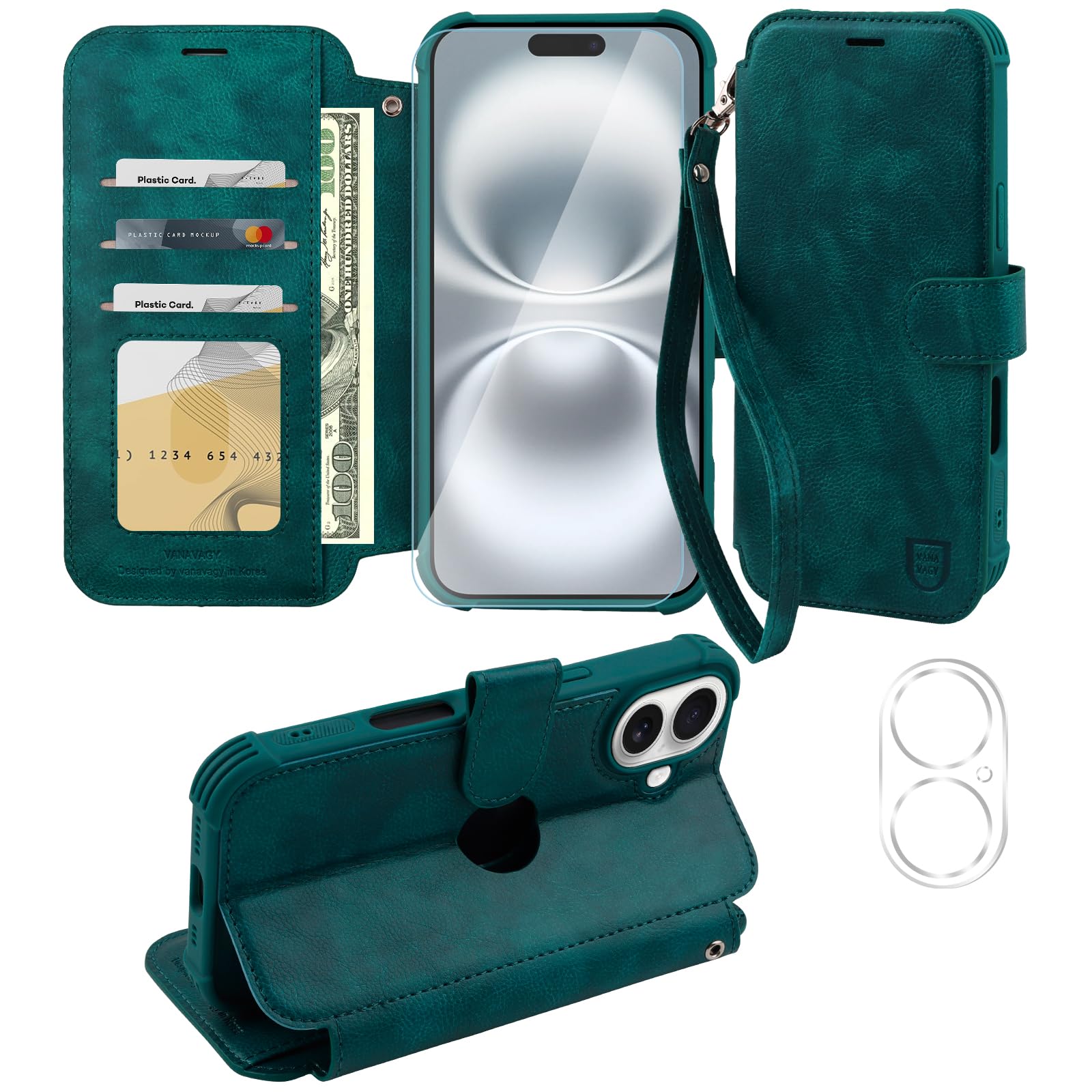 VANAVAGY Compatible for iPhone 16 Plus Wallet Case, 12ft Drop Protection, RFID Blocking PU Leather Flip Cover, Card Holder & Kickstand, Shockproof Phone Case for 16 Plus-6.7 Inch,Midnight Green