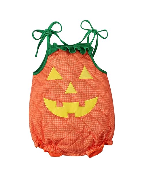 Baby Girl Boy Halloween Romper Pumpkin Sleeveless Romper Adjustable Shoulder Strap Bodysuit Jumpsuit Cute Halloween Clothes (A-Orange, 6-12 Months)