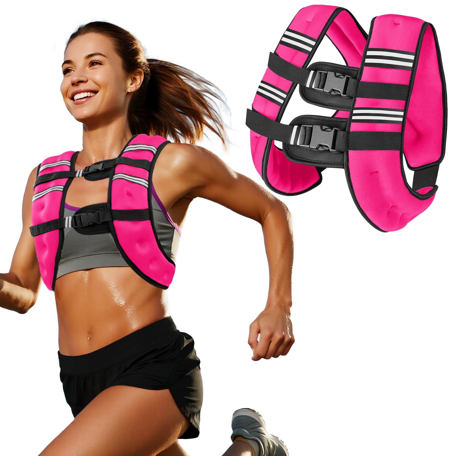 16Lb Pink Weighted Vest with Two Adjustment Straps for Men Women, Weight Vest with Reflective Stripes for Workout, Strength Training, Running, Fitness, Muscle Building, Weight Loss, Weightlifting