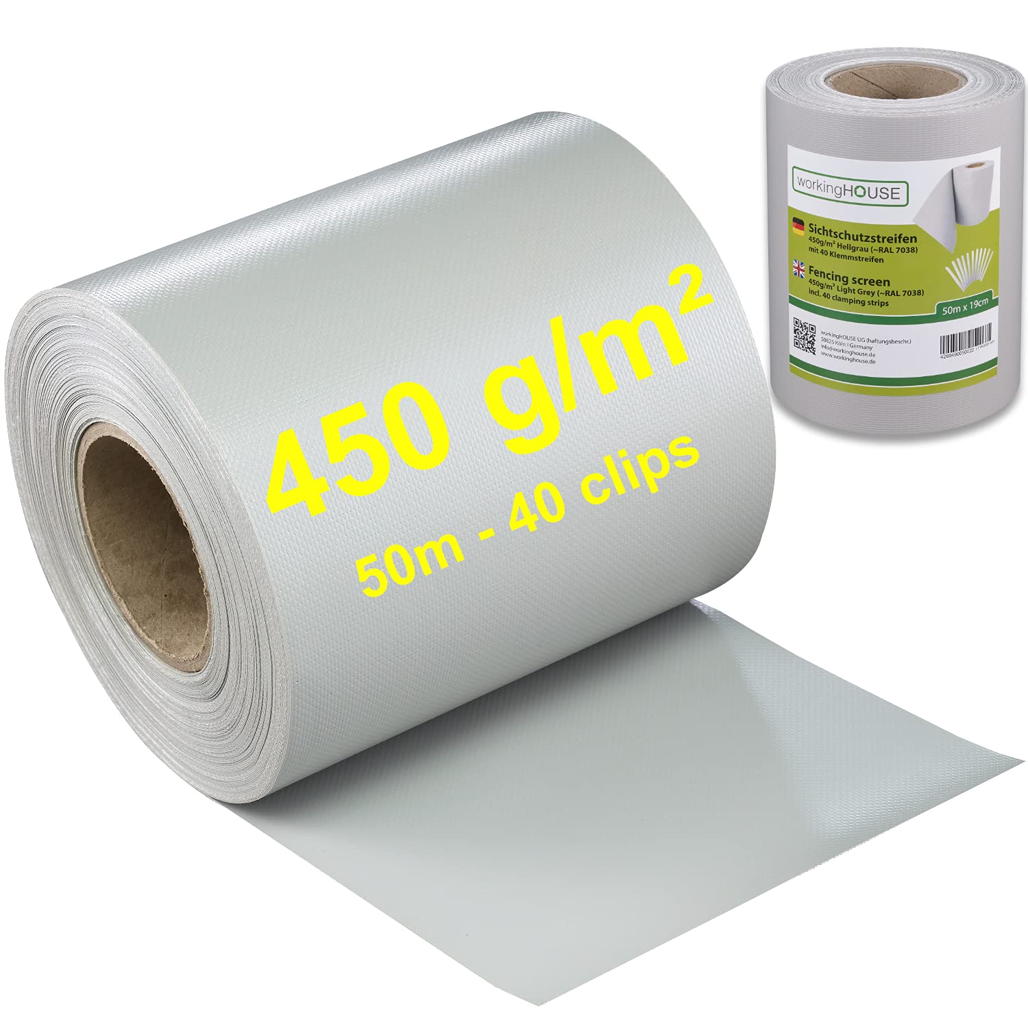 workingHOUSE PVC Privacy Screening for Double Bar Fences - Garden Fence Privacy Screen with Clamping Strips - 450g/m² with 50m Length x 19cm Height - Weatherproof Maintenance-Free (Light Grey)