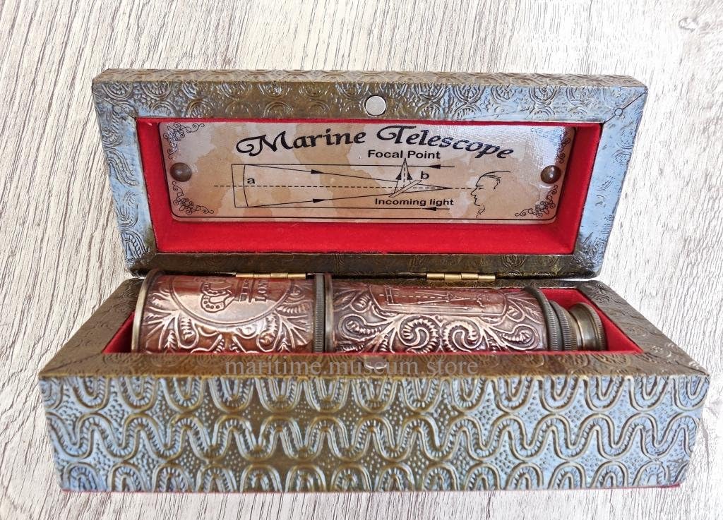 MAH Antique Officer's Marine Brass Telescope 3 Draw Extending Copper Carving Bounded. C-3172
