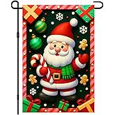 IVN Christmas Garden Flag 12x18 Inch Double Sided Santa Claus Holding Candy Cane with Christmas Gifts and Snowflakes Outdoor Yard Flag for Outside Home Front Door Lawn Porch Patio Welcome Decor