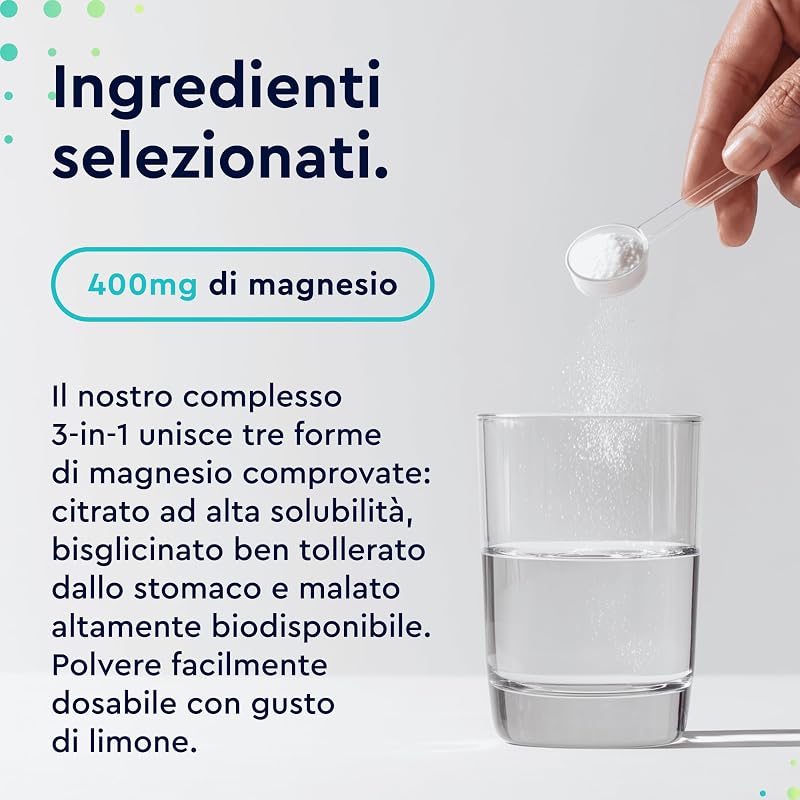 Magnesio Completo in Polvere 600g, Eletto PRODOTTO DELL'ANNO 2025, Bisglicinato, Citrato, Malato ad alto Dosaggio, Facile da sciogliere, Per Muscoli, Nervi, Equilibrio elettrolitico, Sapore di Limone — foto 5 di 8