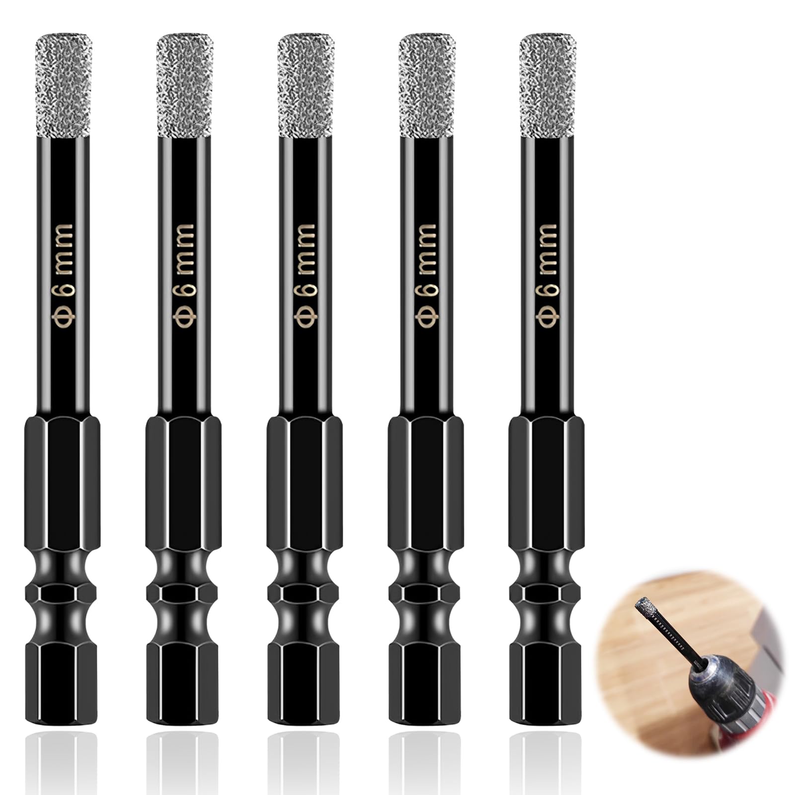 JUGCUT 5Pcs 6mm Porcelain Tile Diamond Drill Bits with Hex Shank, Dry Porcelain Tile Drill Bit for Ceramic Stone Granite Marble Quartz Hard Materials