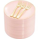 Festiva 200Pcs Pink Gold Cake Plates 6.3" with Forks 5"- Disposable Salad Plates-Pink Dessert Plates-Appetizer Plastic Plates - include 100Plates 100Forks for Party&Wedding&Easter&Valentine's Day