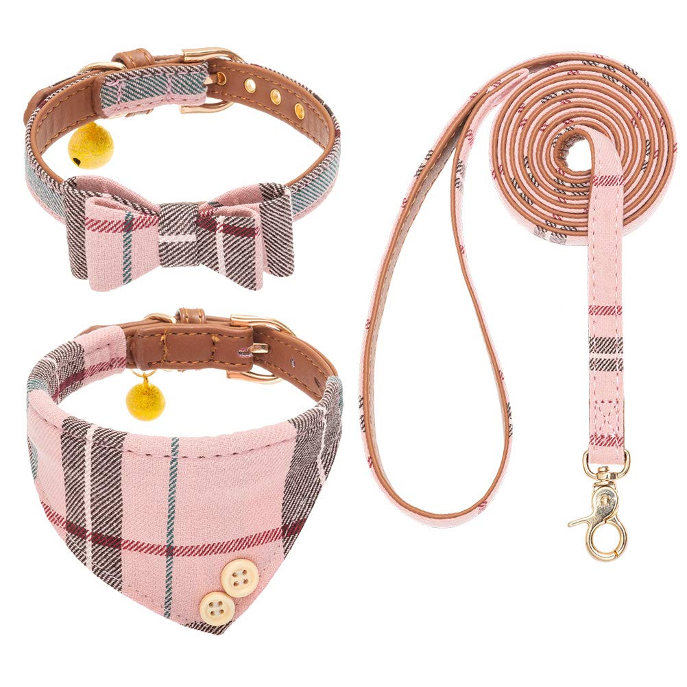 EXPAWLORER Dog Collar and Lead Set - Classic Plaid Bow Tie and Dog Bandana Collar with Cute Bell, No Tangle Dog Lead, Adjustable Puppy Collar for Small Medium Large Dogs Cats, Holiday Birthday Gifts