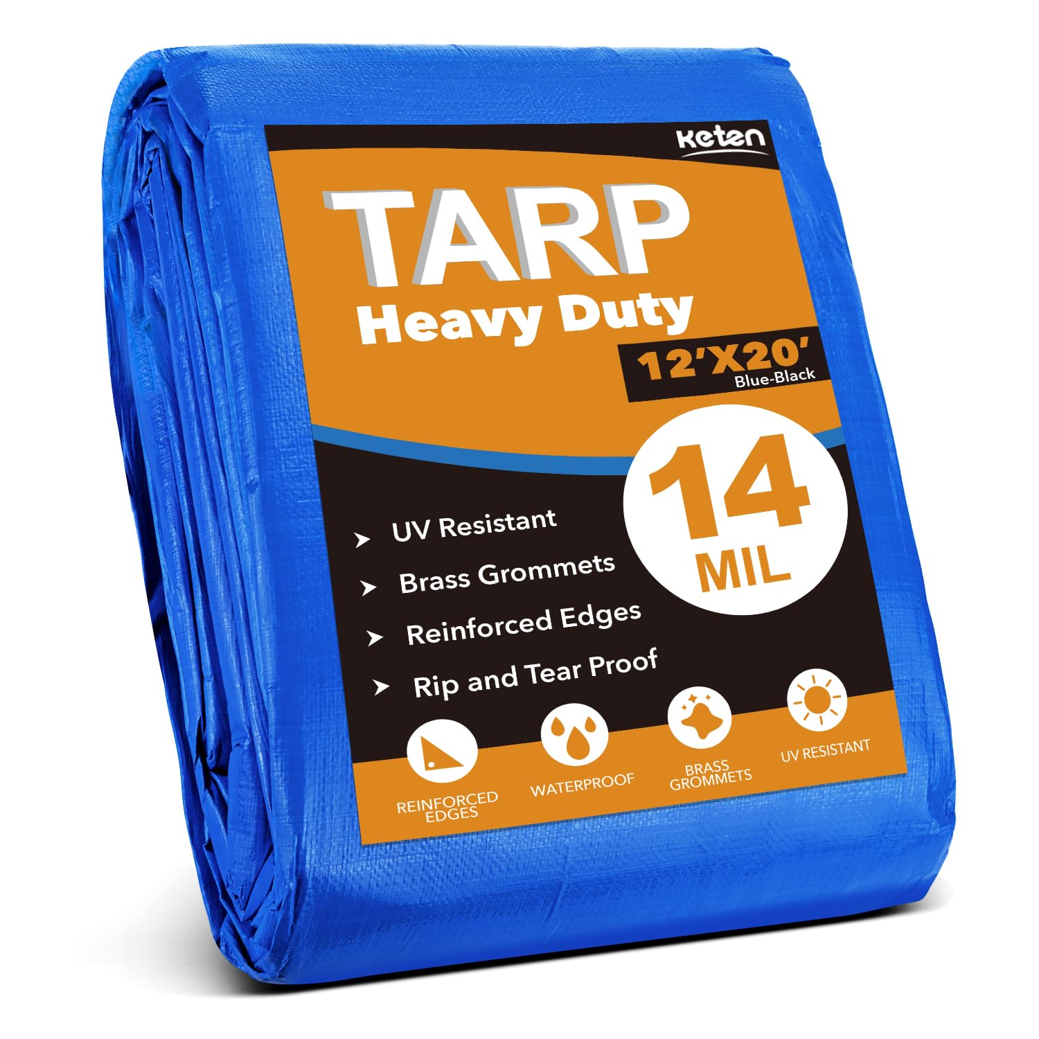 12x20Ft Tarp, Keten 14 Mil Tarps Heavy Duty Waterproof with Tear & Fade Resistant, UV Resistant, Outdoor Tarp with Reinforced Grommets for Roof, Camping, Patio, Pool, Boat (Blue&Black) Image