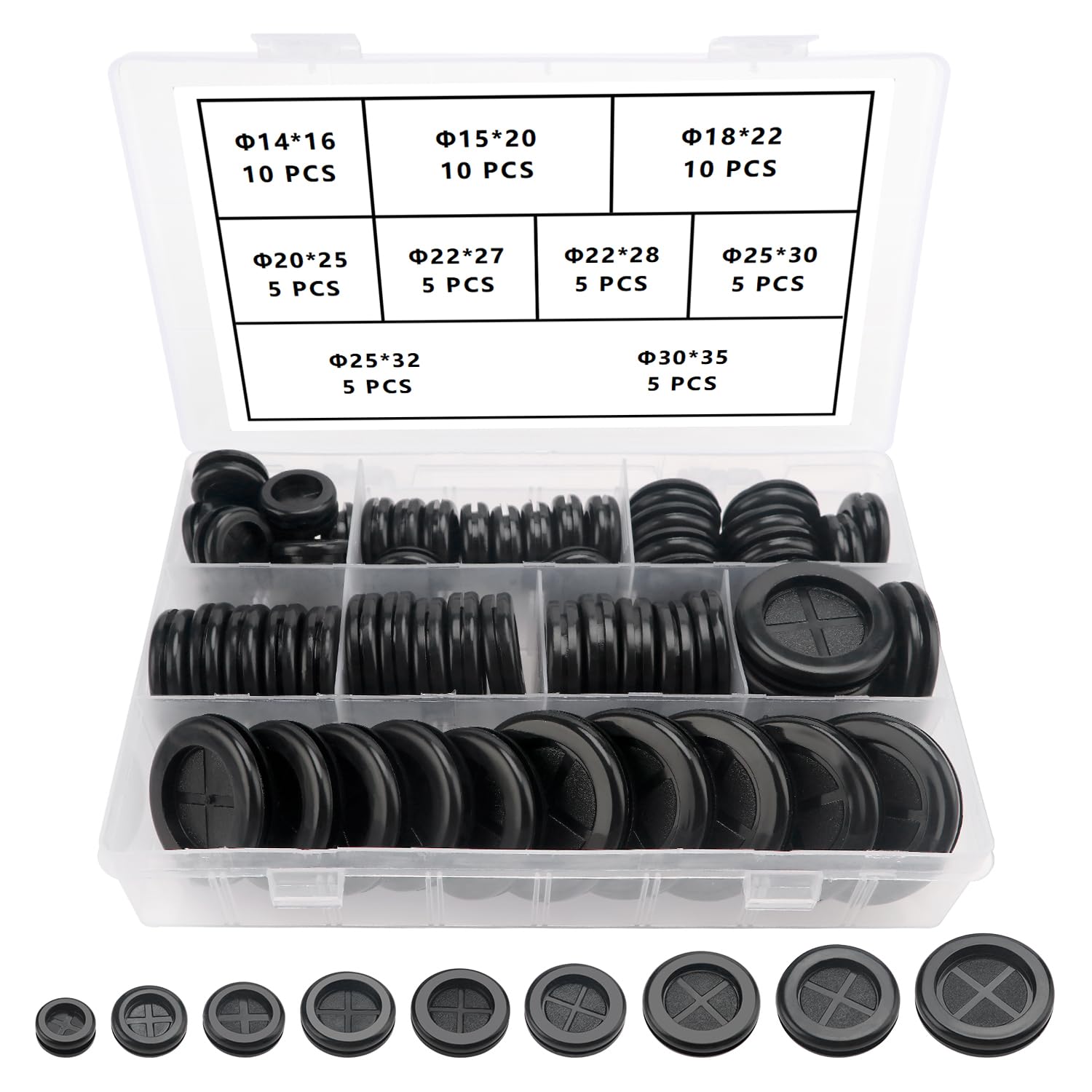 YIXISI 60 PCS 9 Sizes Rubber Grommets Kit, Conductor Gasket Ring Grommets, Black Rubber Hole Plugs Electrical Wire Gaskets, for Protecting Wires, Cables and Plugs
