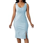 lithbest Women's Denim Dress Sexy Side Slit with V-Neck Zipper Bodycon Sleeveless Jeans Short Dresses