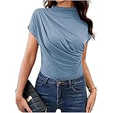 SweatyRocks Women's Casual Short Sleeve Mock Neck Tee Top Asymmetric Ruched Plain T Shirt