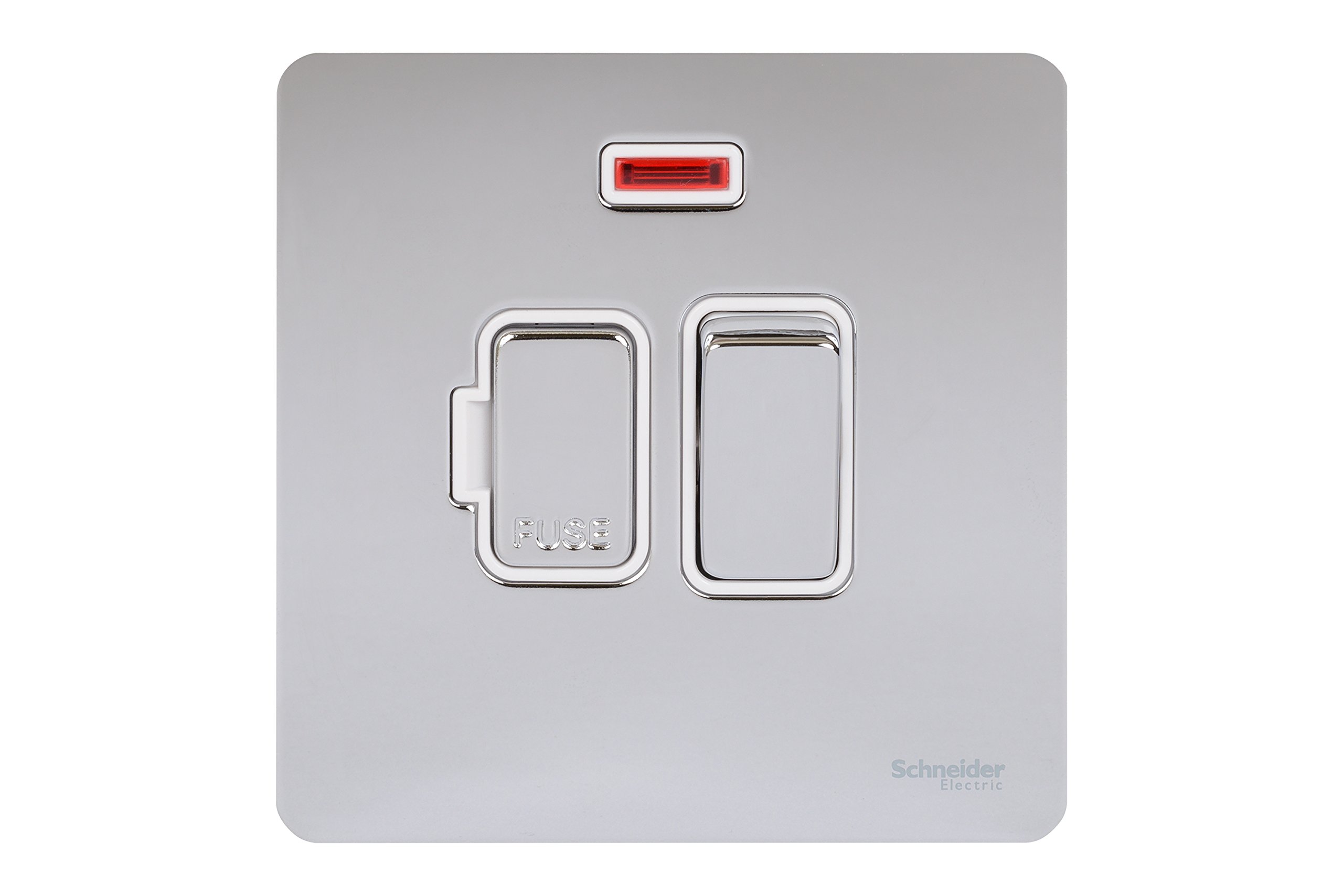 Schneider Electric Ultimate Screwless Flat Plate 13a DP Switched Connection Unit with Neon Polished Chrome White Insert — image 1