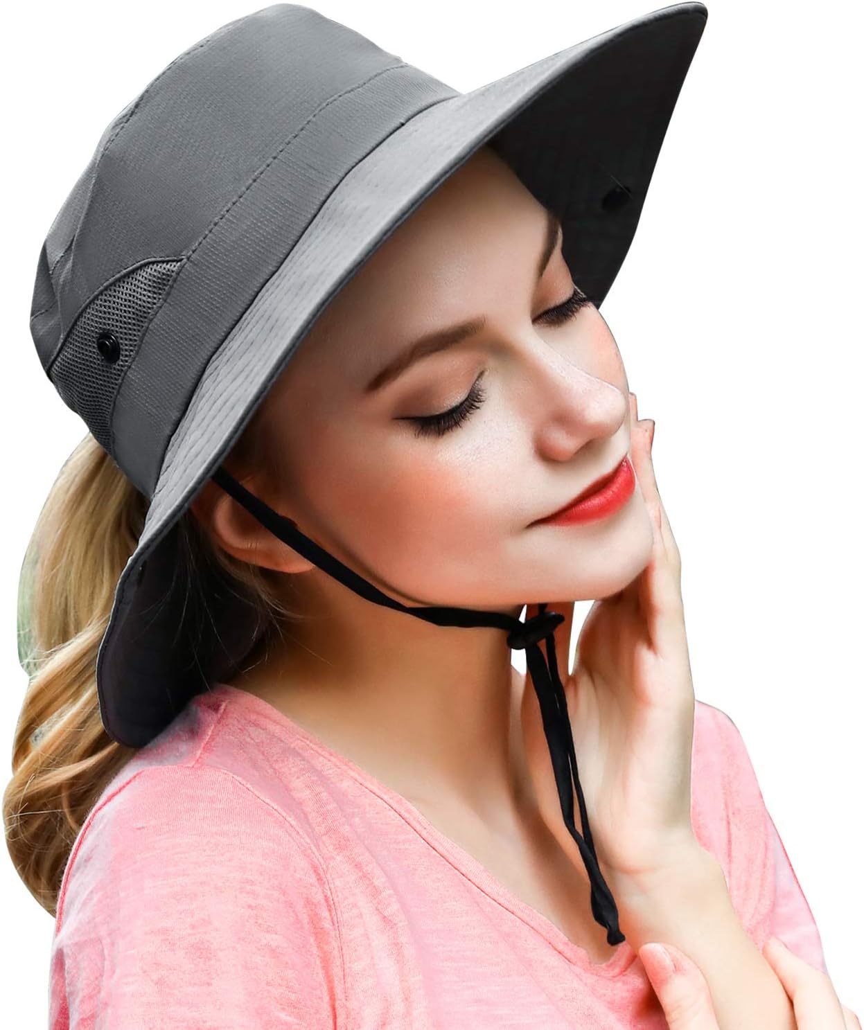 PanPacSightWomens Outdoor Sun Hat Breathable Packable Boonie Wide Brim Bucket Cap Fishing Hiking Ponytail Hole