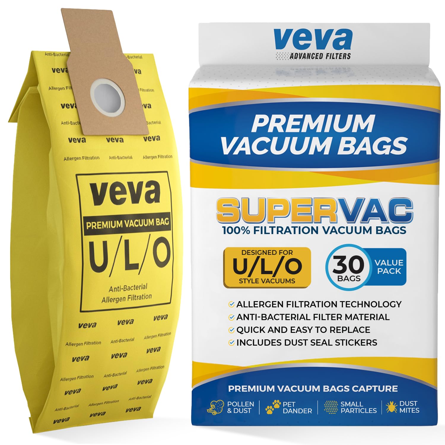 Photo 1 of VEVA 30 Pack Premium SuperVac Vacuum Bags Type U/L/O Microlined compatible with Kenmore Sears Upright vacuum cleaners replacement Style U, L, O, 5068, 50688, 50690, 50105 bags