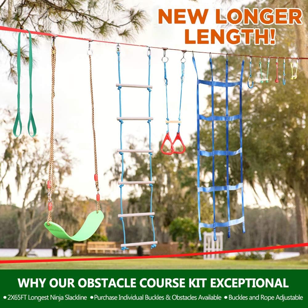 Ninja Warrior Obstacle Course for Kids - 2X65FT Longest Ninja Slackline with Most Complete Accessories for Kids, Swing, Trapeze Swing, Rope Ladder, Obstacle Net Plus 1.2M Arm Trainer: Toys & Games