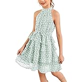Imily Bela Girls Floral Ruffle Dress Halter Neck Kids Chiffon Summer Party Dress with Belt