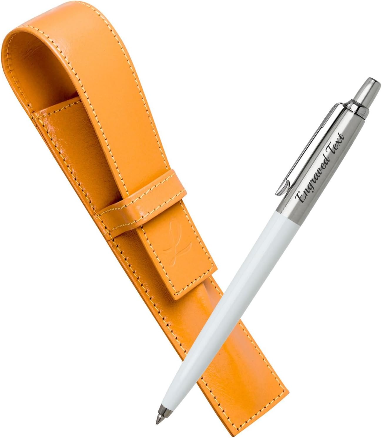Buy Personalised Gifts Parker Ballpoint Pen Jotter - White + Leather Pouch Orange