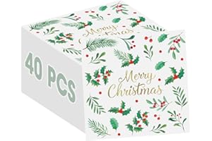 LITMITFU 40 Pcs Merry Christmas Napkins Paper - 13 Inch Disposable Christmas Cocktail Napkins, 3-Ply Holly Leaves Red Berries Napkin Dinnerware Sets for Winter Xmas Party Table Decorations Supplies Favors