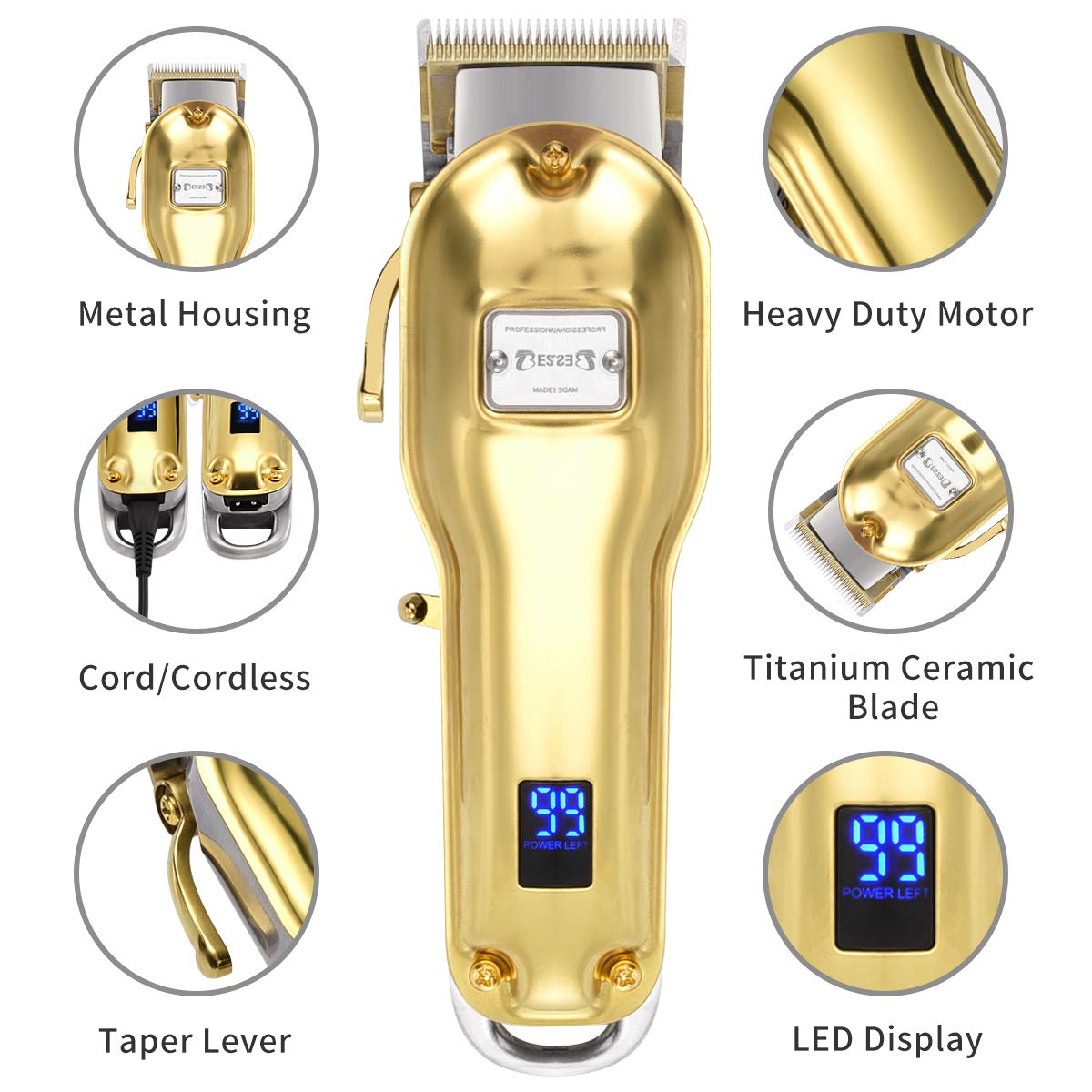 BESTBOMG Professional Cordless Haircut Kit Clippers for Men Rechargeable Hair Clippers Set LED Display with Stainless Steel Metal Housing Heavy Duty Motor for Men, Women, Kids