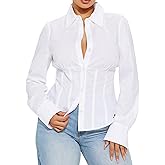 Women's Long Sleeve Button Down Shirt, Cinched Waist Blouse, Casual & Office Wear Tops