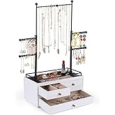 OLAKEE Jewelry Organizer - 2 Layer Wooden Jewelry Drawer Storage Box with 6 Tier Jewelry Tree Stand, Jewelry Display for Necklaces Bracelet Earring Ring (Rustic White)