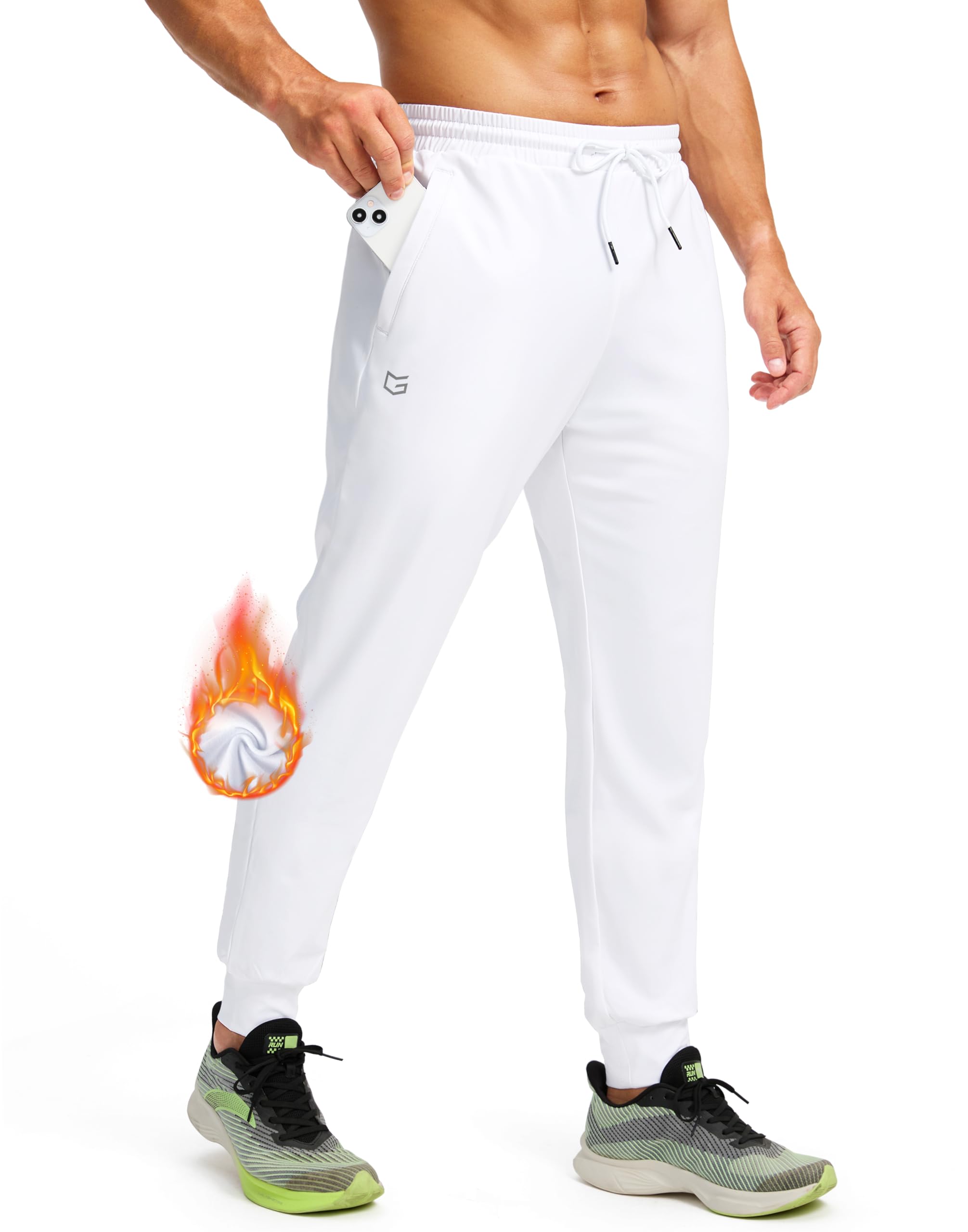 G Gradual Men's Fleece Joggers with Zipper Pockets Winter Warm Pants Water Resistant Athletic Workout Gym Sweatpants for Men(White,M) Image