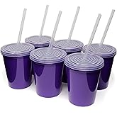 Rolling Sands 16 Oz. Reusable Plastic Stadium Cups with Lids, 6 Pack, USA Made Tumblers and Lids, Includes 6 Reusable Straws; Dishwasher Safe, Purple