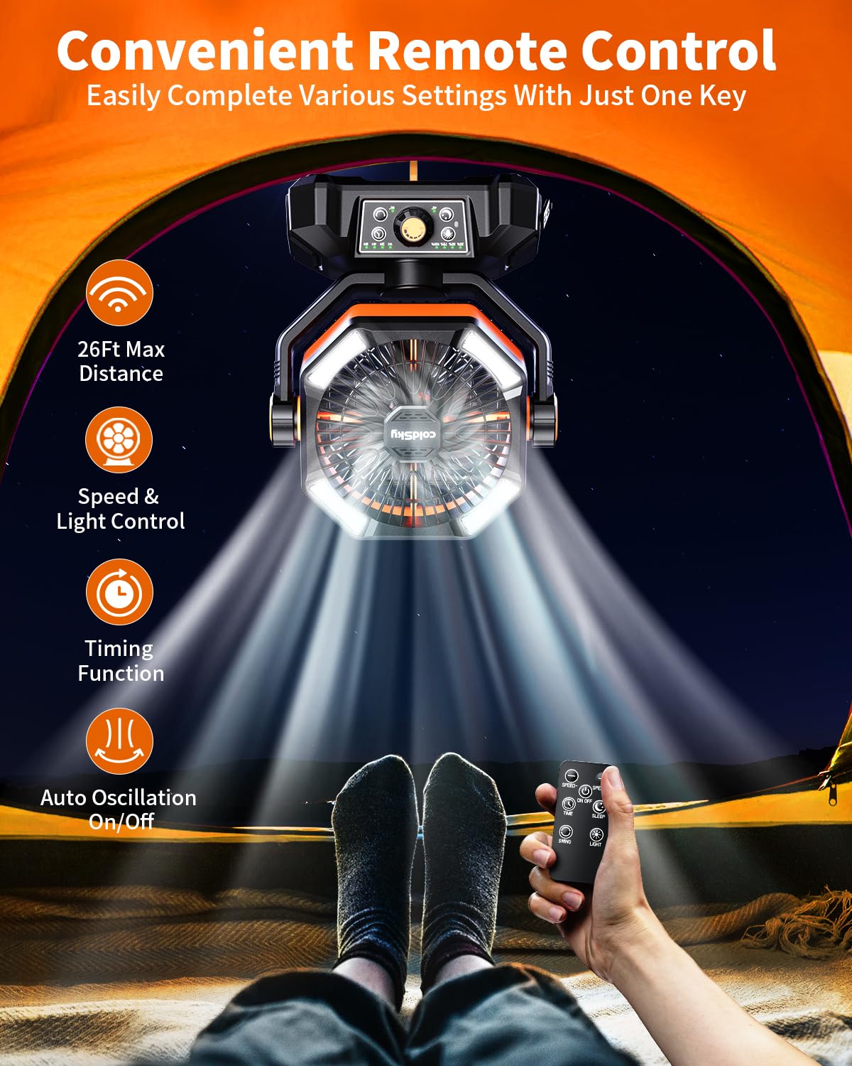 coldSky 𝟮𝟬𝟬𝟬𝟬𝗺𝗔𝗵 Camping Fan with 𝗗𝘂𝗮𝗹 𝗠𝗼𝘁𝗼𝗿, Battery Operated Fan with 4 LED Lantern, 8 Speeds Desk Fan with Remote, Portable Outdoor Fan with Hook for Tent, Power Outages, Jobsite