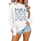 Lytiarul Women Ocean Sweatshirt Seashell Bow Graphic Long Sleeve Shirt Cute Aesthetic Beach Hoodie Casual Pullover Tops