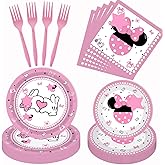 80 Pcs Pink Cartoon Birthday Party Decorations, Pink Girls Dessert Plates Napkins Forks Tableware Kit for Baby Shower Girls 1st 2nd 3rd 4th 5th 6th 7th Birthday Party Decorations Supplies