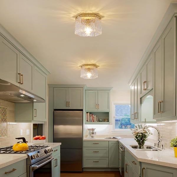 MWZ 1 PACK MODERN GOLD SEMI FLUSH MOUNT CEILING LIGHT FIXTURE WITH HAMMERED GLASS SHADE, 1-LIGHT 10” FARMHOUSE DIMMABLE FLUSH MOUNT LAMP WITH HEXAGONAL METAL CHASSIS FOR KITCHEN ISLAND LAUNDRY