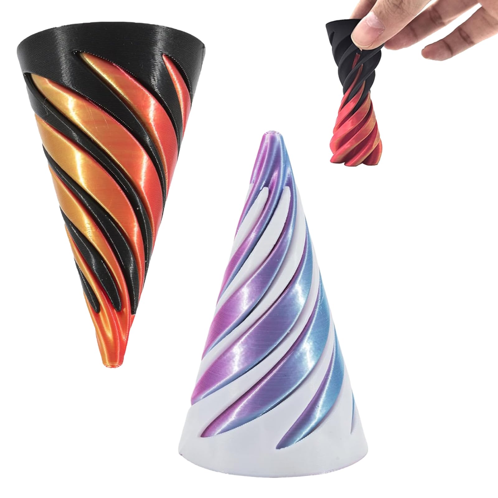 2 pack 3D printed spiral cone decompression toy, visual illusion decompression table pet, mini pyramid desktop decoration (red purple)