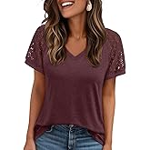 AUTOMET Womens Summer Short Sleeve T Shirt 2026 Spring Vacation V Neck Tops Lace Blouses Dressy Casual Fashion Clothes